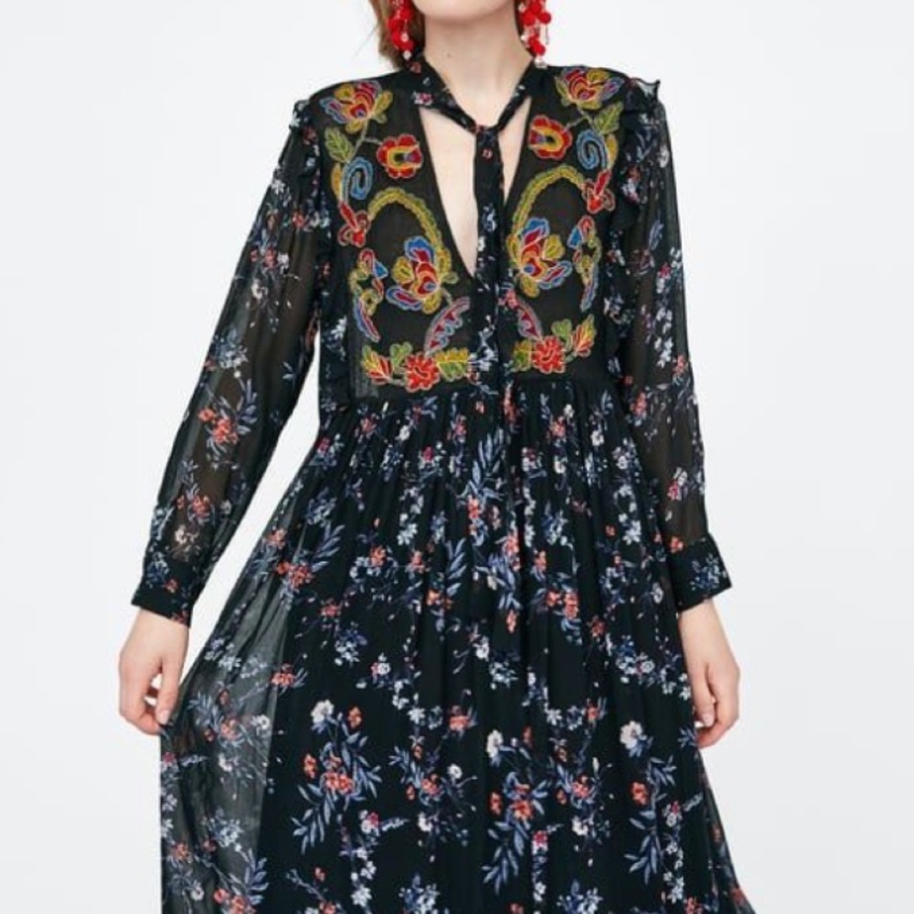 ZARA EMBROIDERED FLORAL LONG SLEEVE SHEER MAXI DRESS